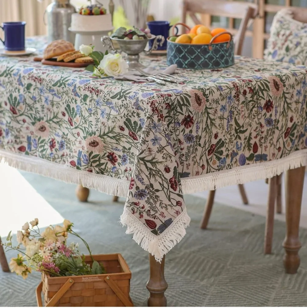 SUTAVIA French Floral Tablecloth Hand-Made Cotton Fabric with Lace Vintage Berry